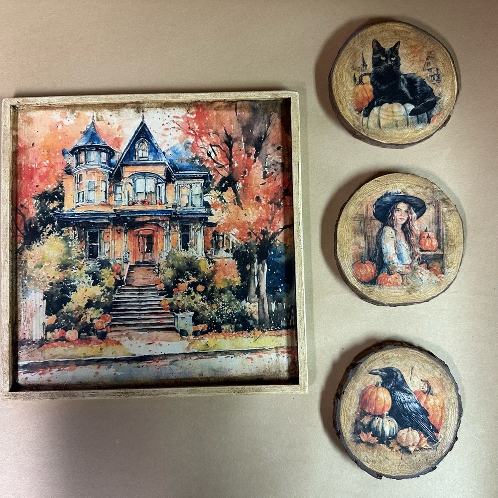 Halloween/Fall Home Decor For Wall, Tabletop or as Ottoman Tray with Coasters - Picture 6 of 7